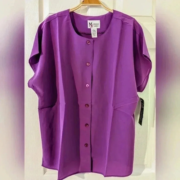Maggie Sweet Button-Down Blouse Top Short Sleeve Collared Purple Career Casual - Picture 1 of 4